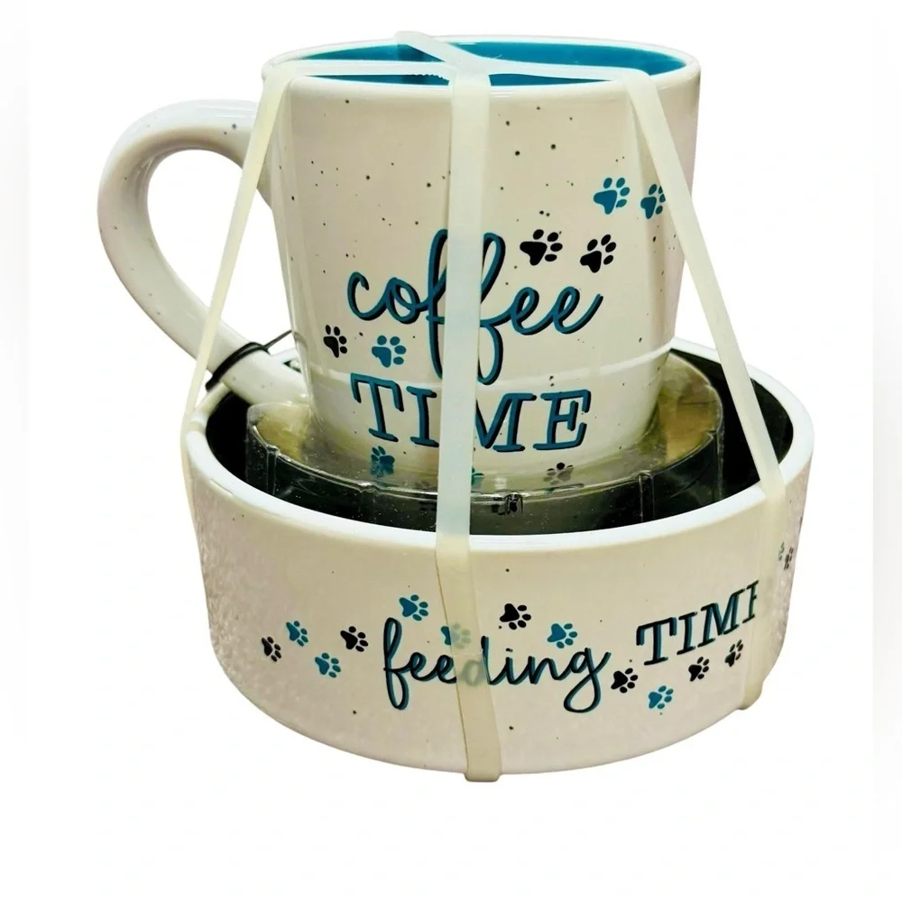 Coffee Time & Feeding Time Pet Mug Bowl Set NEW